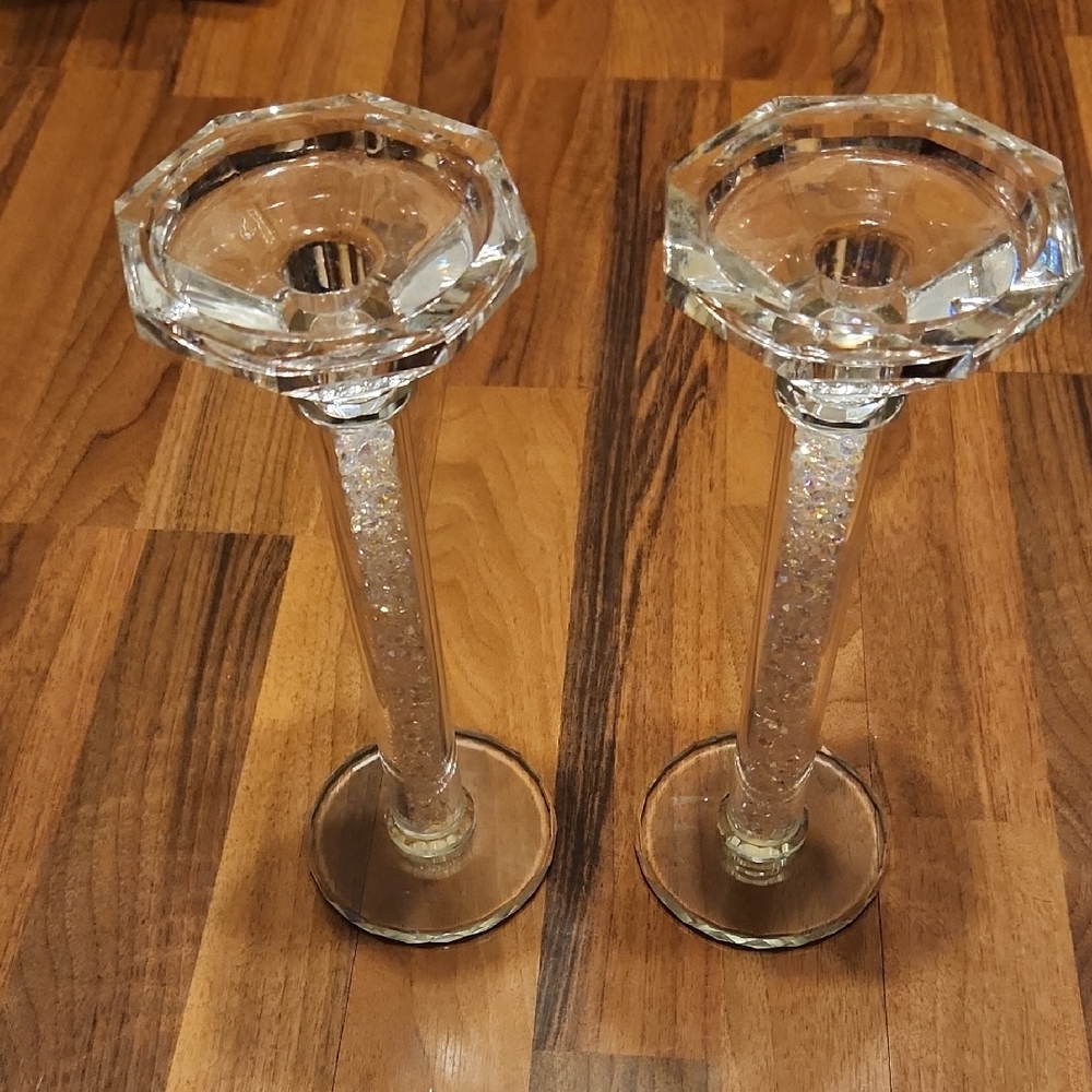 Elegant Tall Crystal Candle Holders Filled With Iridescent Crystal Rhinestones